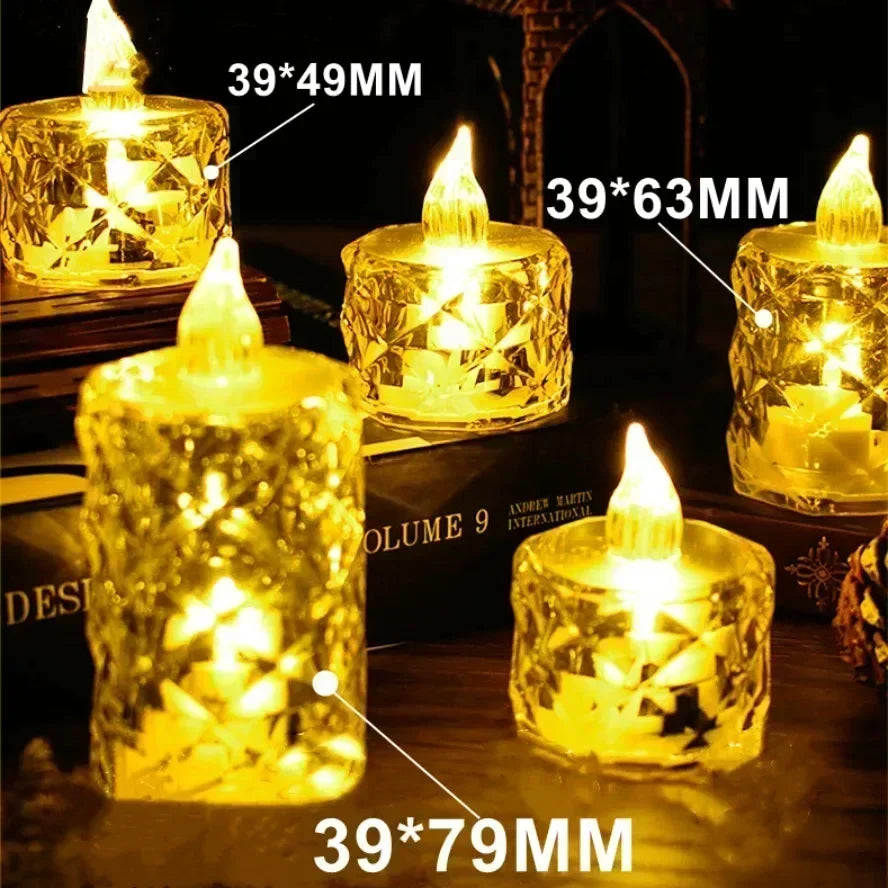 Set of illuminated decorative candles with measurements labeled on a dark background.