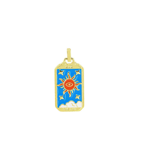 Gold pendant with blue background, sun, and eye design on a white background