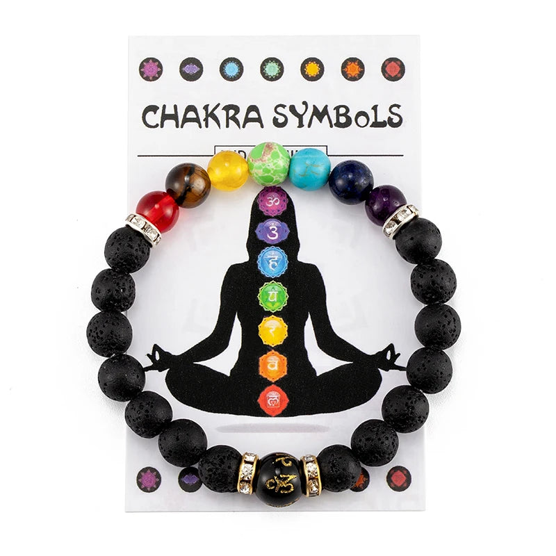 Chakra bracelet with colored beads on a card displaying chakra symbols