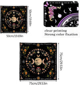 Decorative tapestry with celestial design, measurements, and printing quality text.