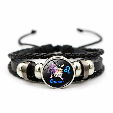 Bracelet with Leo zodiac sign design on a black braided strap