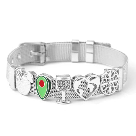 Silver dog collar with various charms on a white background
