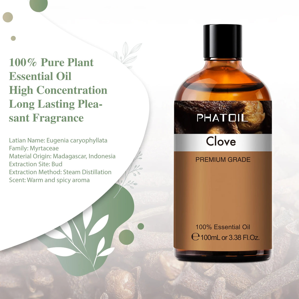 Clove essential oil bottle with label on a light background