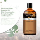 Clove essential oil bottle with label on a light background