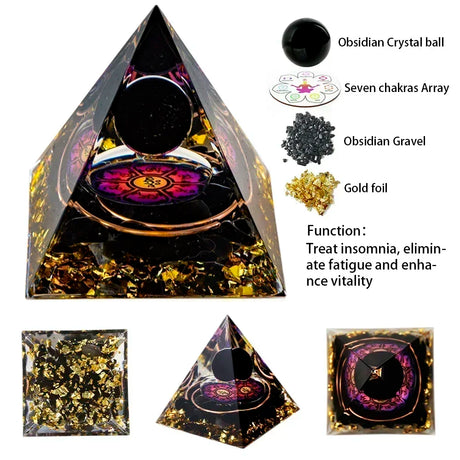 Pyramid-shaped crystal object with obsidian crystal ball, seven chakras array, obsidian gravel, and gold foil, labeled with their functions.