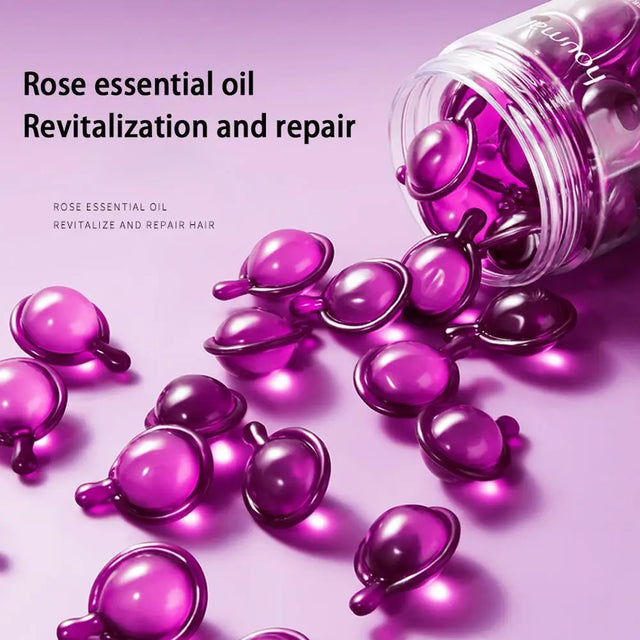 Purple essential oil capsules with a bottle on a pink background, labeled 'Rose essential oil Revitalization and repair'.
