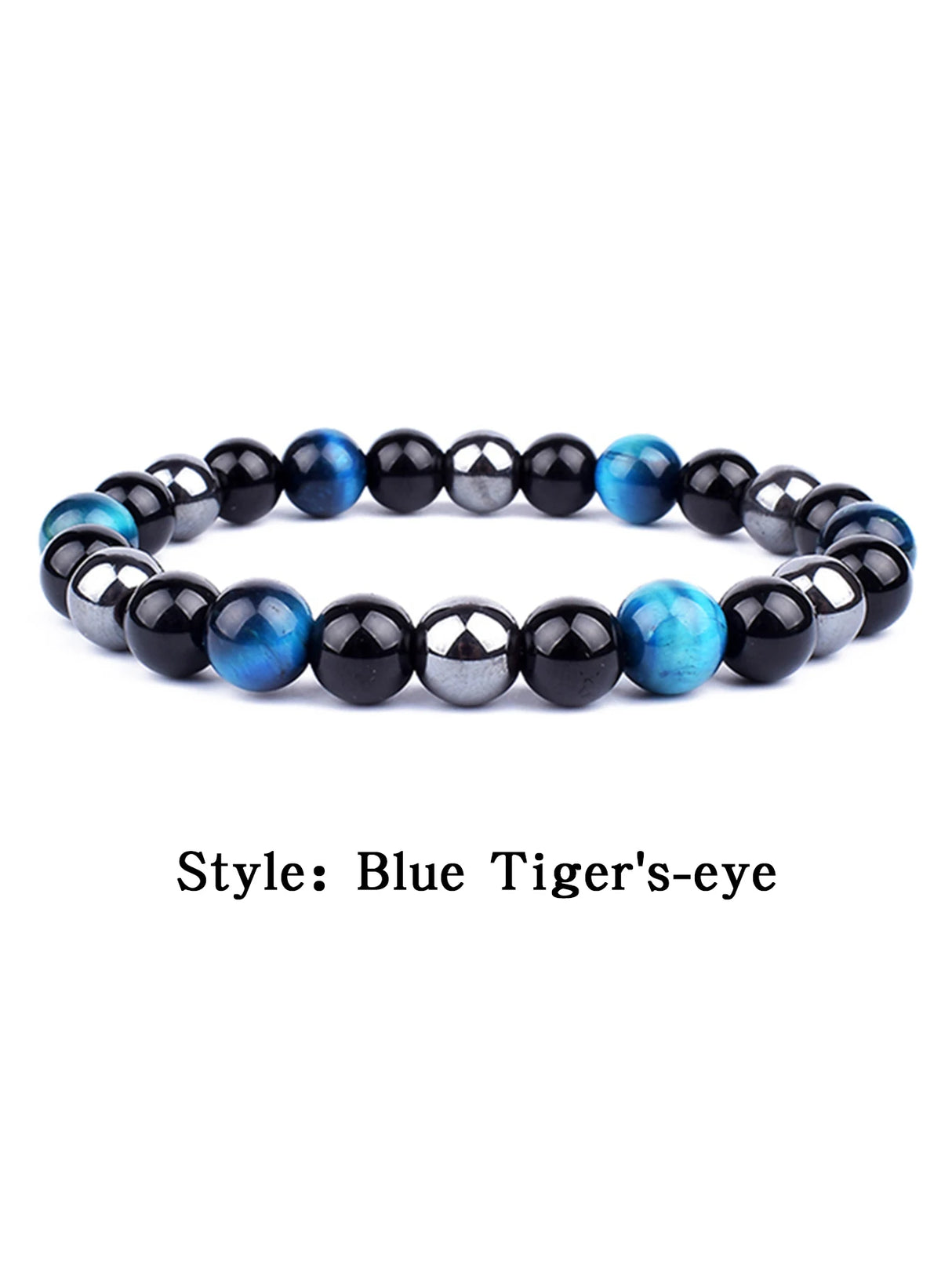 Beaded bracelet with blue and black stones on a white background