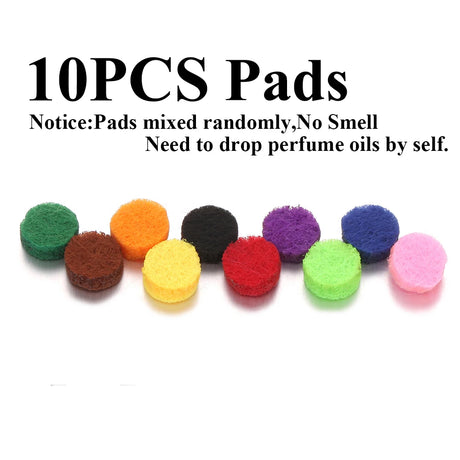 10 colorful pads of different colors on a white background with text about randomness and self-dropping perfume oils.