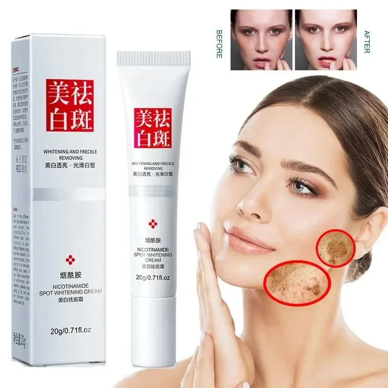 Skincare product with packaging and before-and-after effects on a woman's face.