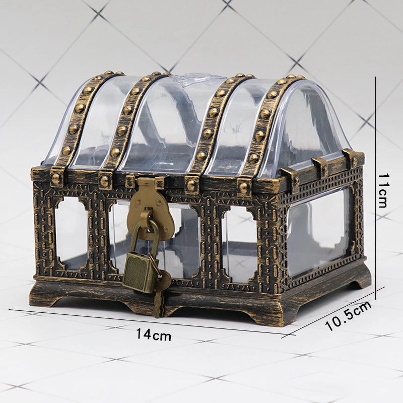 Vintage-style treasure chest with clear lid and brass lock on a white background