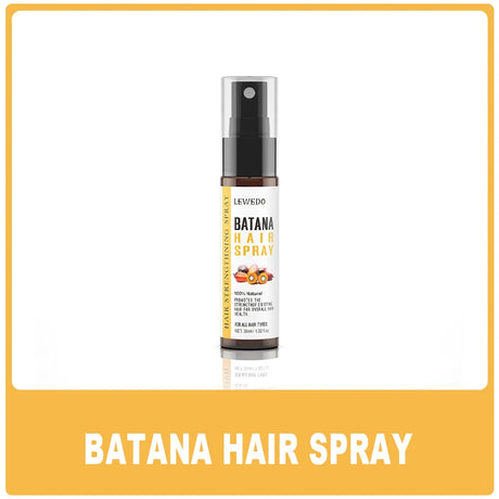 Batana hair spray bottle on a white background with a yellow banner at the bottom.