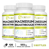 Three bottles of GREXP Magnesium Breakthrough dietary supplements on a white background