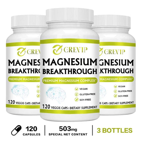 Three bottles of GREXP Magnesium Breakthrough dietary supplements on a white background