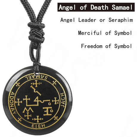 Black pendant with gold symbols and text on a white background