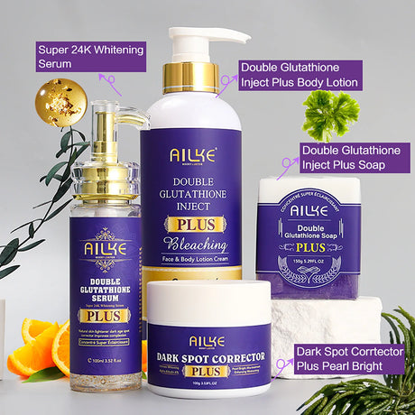 Set of AILKE skincare products including serum, lotion, soap, and cream on a gray background with decorative elements.