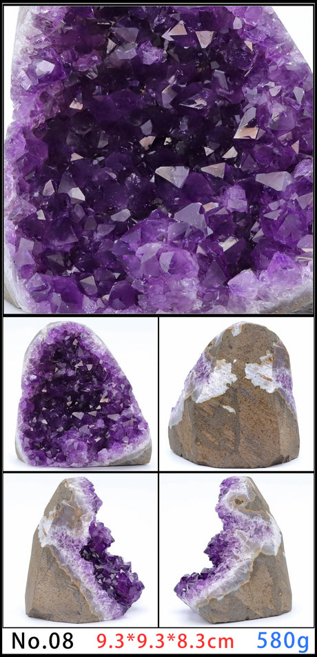Collage of purple amethyst crystal formations with size and weight details.