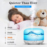 Child sleeping with a teddy bear next to a diffuser withdB levels displayed