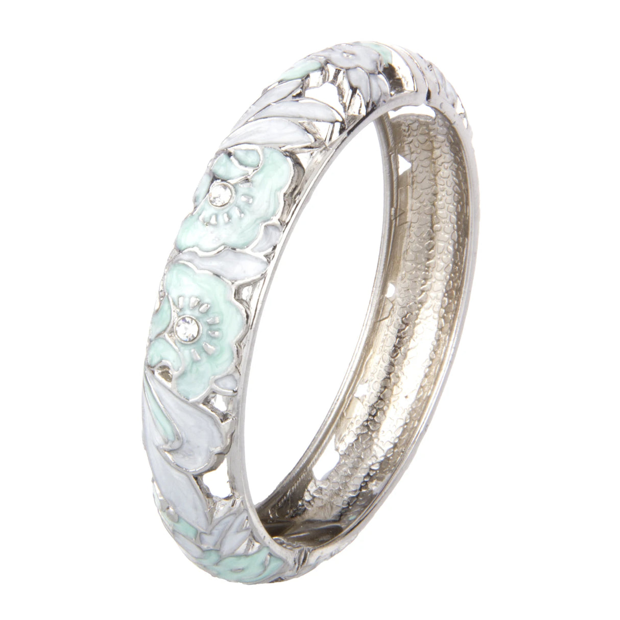 Silver ring with floral design and light blue enamel on a white background