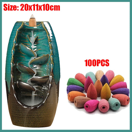 Incense burner with decorative elements and a pile of colorful incense cones on a white background.