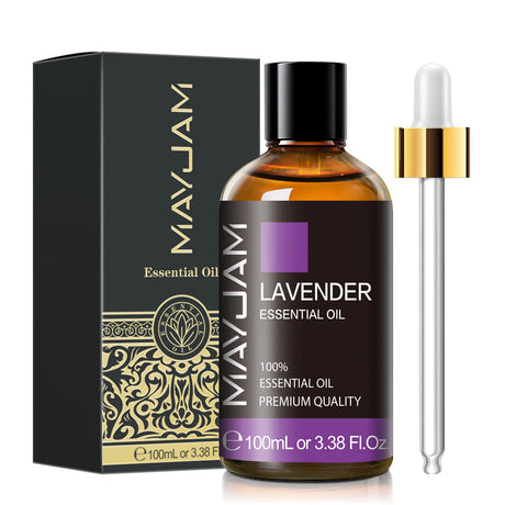 MayJam lavender essential oil bottle with dropper and packaging on a white background