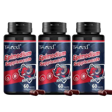 Three bottles of Troexl Epimedium Supplements on a white background