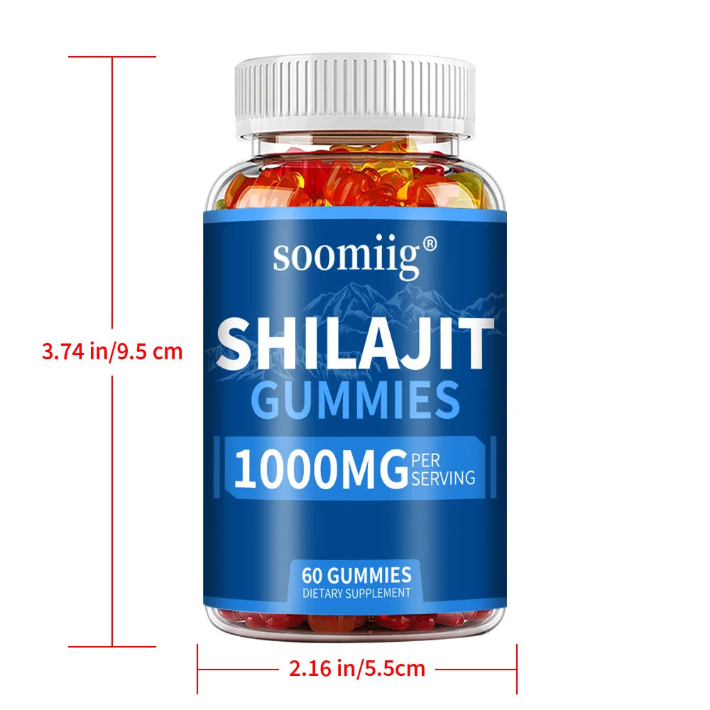 Bottle of soomiig Shilajit Gummies with dimensions on a white background