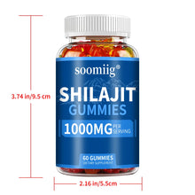 Bottle of soomiig Shilajit Gummies with dimensions on a white background
