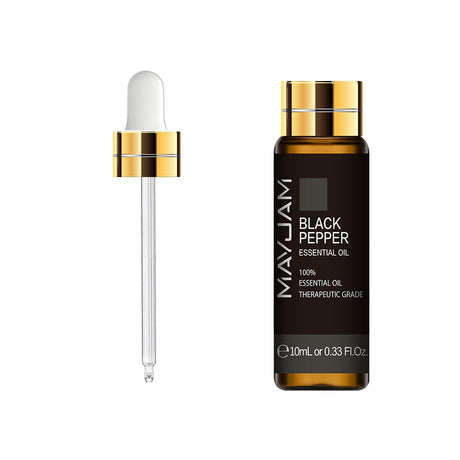 MayJam Black Pepper Essential Oil bottle with dropper on a white background