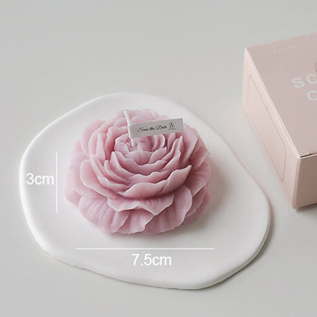 Pink flower-shaped soap on a white base with measurements and a 'Soon to be Bride' card.