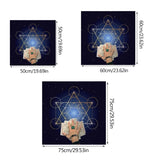 Three sizes of a poster with a geometric design and hands holding books against a starry night sky.