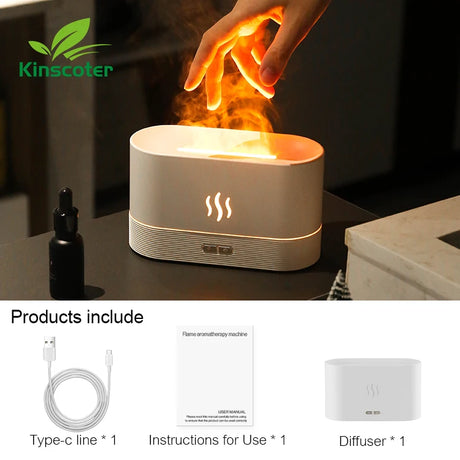 Kinscooter flame diffuser with hand holding a lit candle, product packaging, and included items listed.