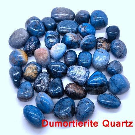 Collection of dumortierite quartz stones on a white background with 'Dumortierite Quartz' text.