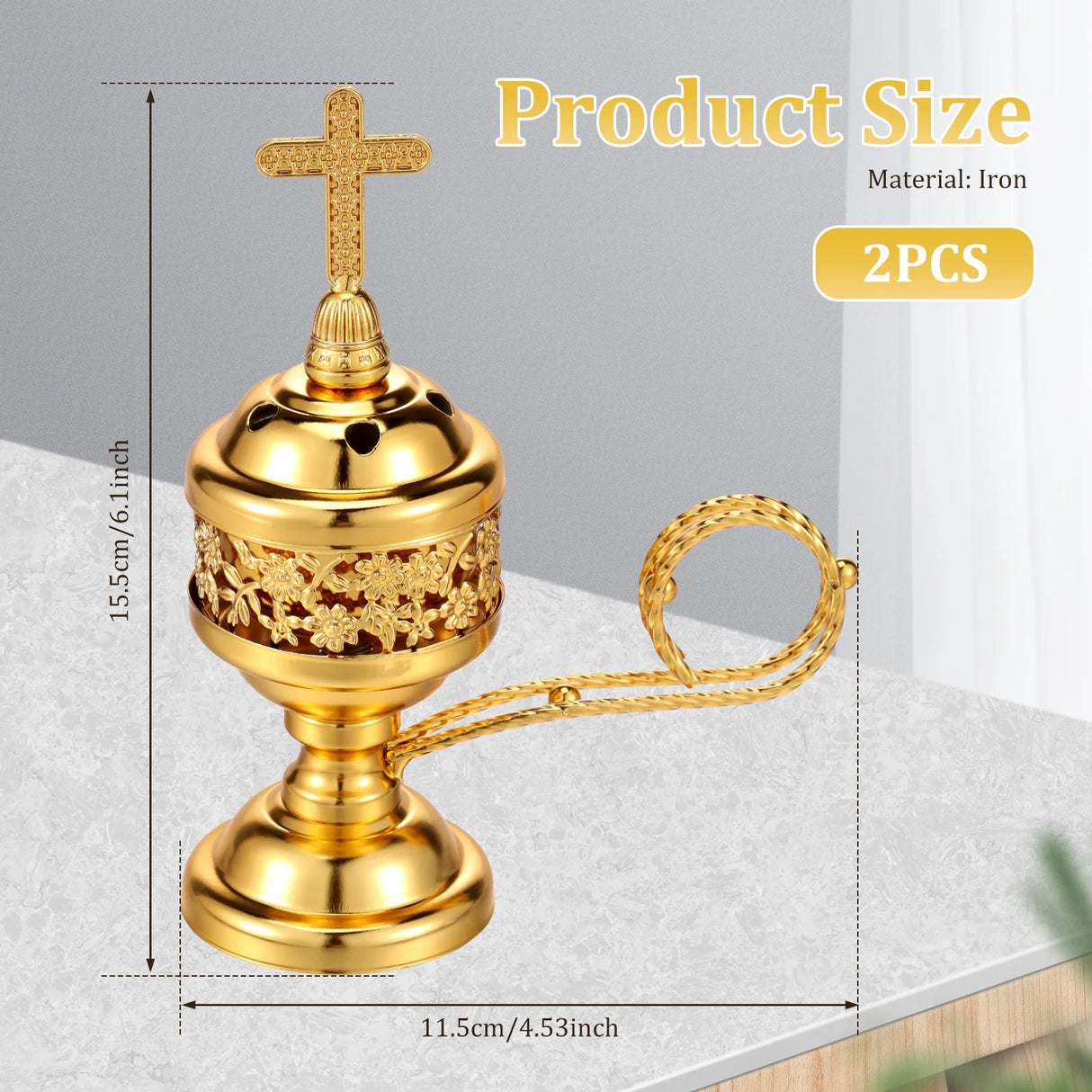 Decorative gold object with cross on a gray background