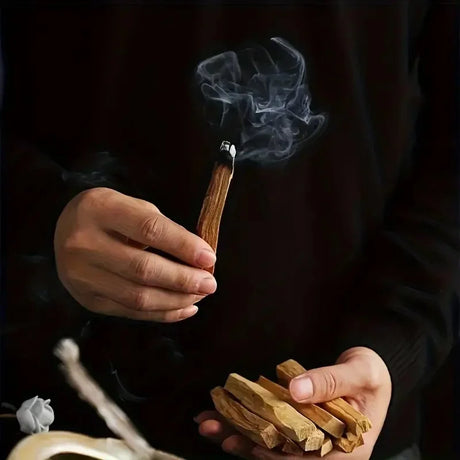 Hand holding a smoking incense stick with smoke and more incense pieces in the foreground against a dark background.
