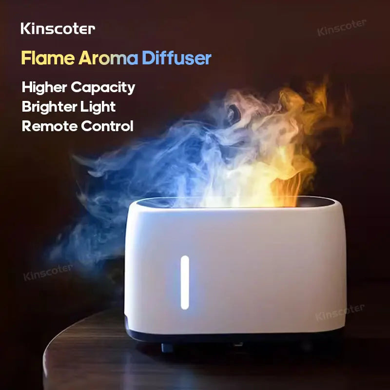 Flame Aroma Diffuser with colorful flames and text highlighting features on a dark background