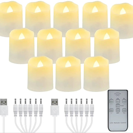 Set of LED candles with remote control and USB cables on a white background