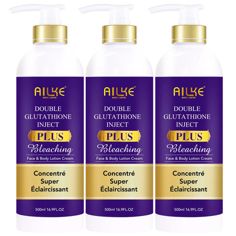 Three bottles of AILYE Double Glutathione Inject Plus Bleaching lotion cream on a white background