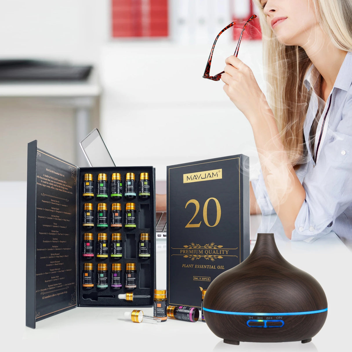 MayJam essential oils set with a diffuser on a table