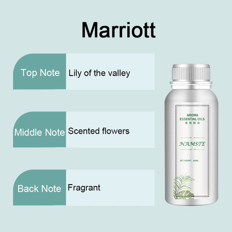 Bottle of essential oil with notes on a light blue background, featuring the brand 'Marriott'.