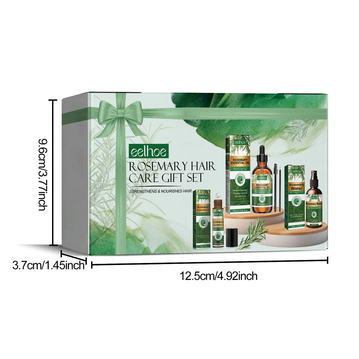 Eelhce Rosemary Hair Care Gift Set packaging with dimensions displayed