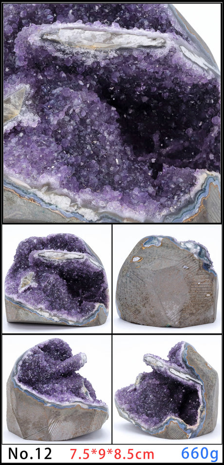 Collage of purple crystal formations with size and weight information.