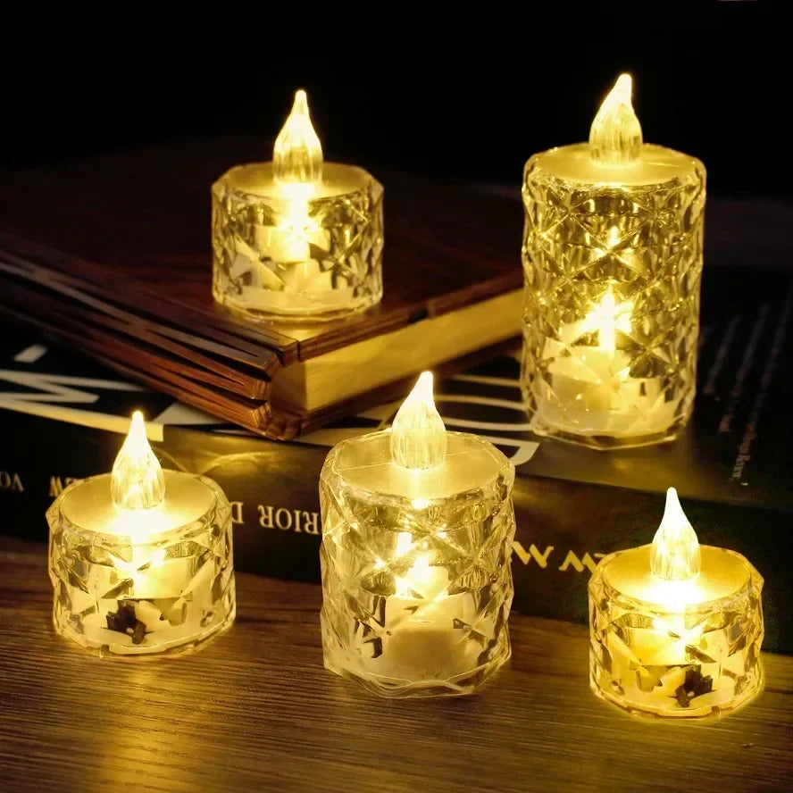 Set of six crystal-like LED candles on a wooden surface with a dark background.