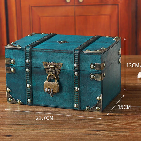 Blue vintage-style jewelry box with a lock on a wooden surface, with measurements indicated.