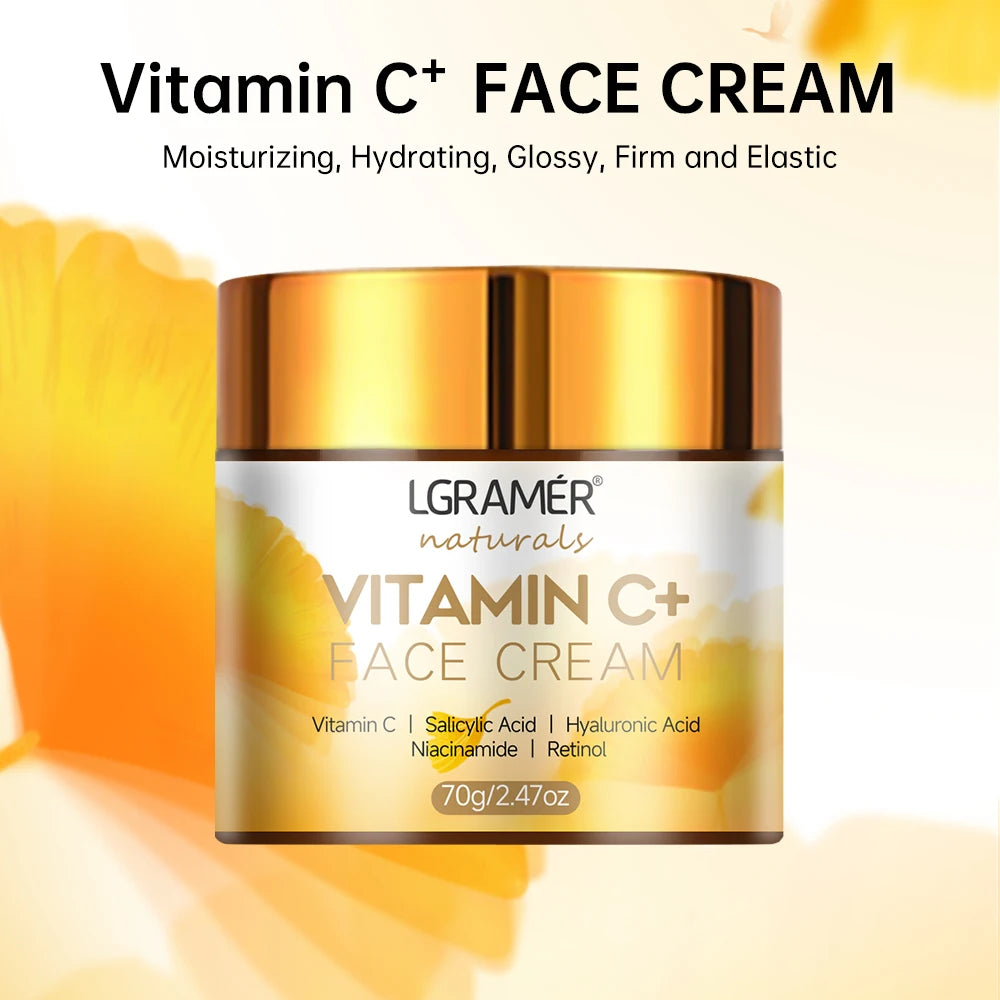 LGRAMER Vitamin C+ Face Cream jar with gold lid on a yellow and orange gradient background