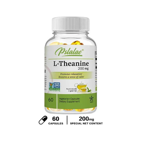 Bottle of Pslalae L-Theanine 200 mg dietary supplement on a white background