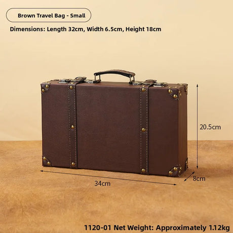 Brown travel bag with dimensions on a beige background