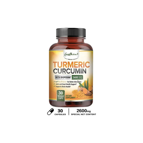 Bottle of Turmeric Curcumin supplement with label on a white background