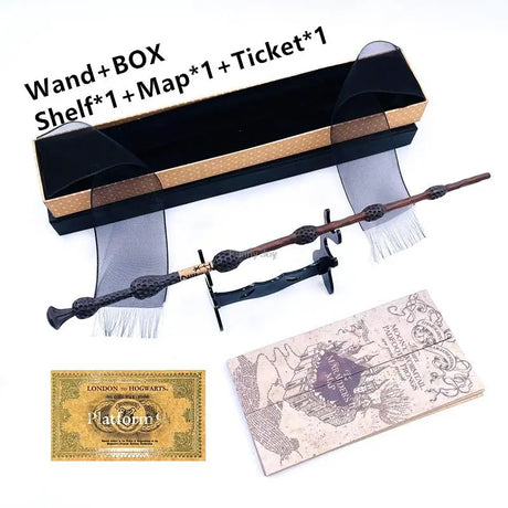 Harry Potter-themed wand, box, shelf, map, and ticket on a white background