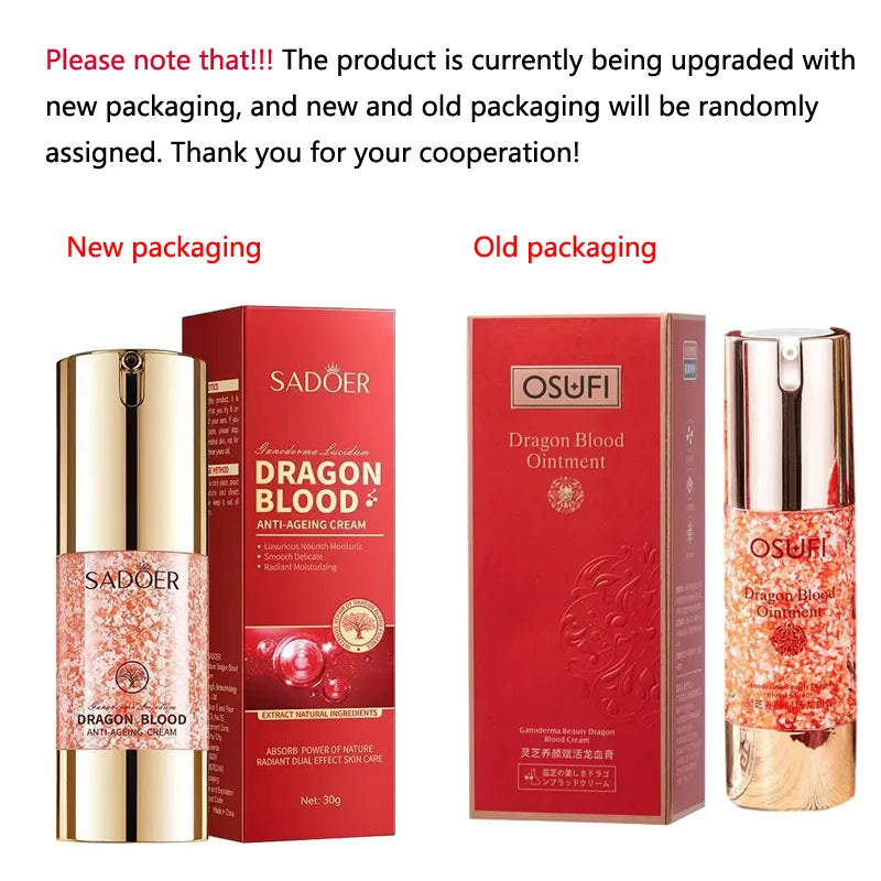 Comparison of new and old packaging for Sadoer and Osufi Dragon Blood products.