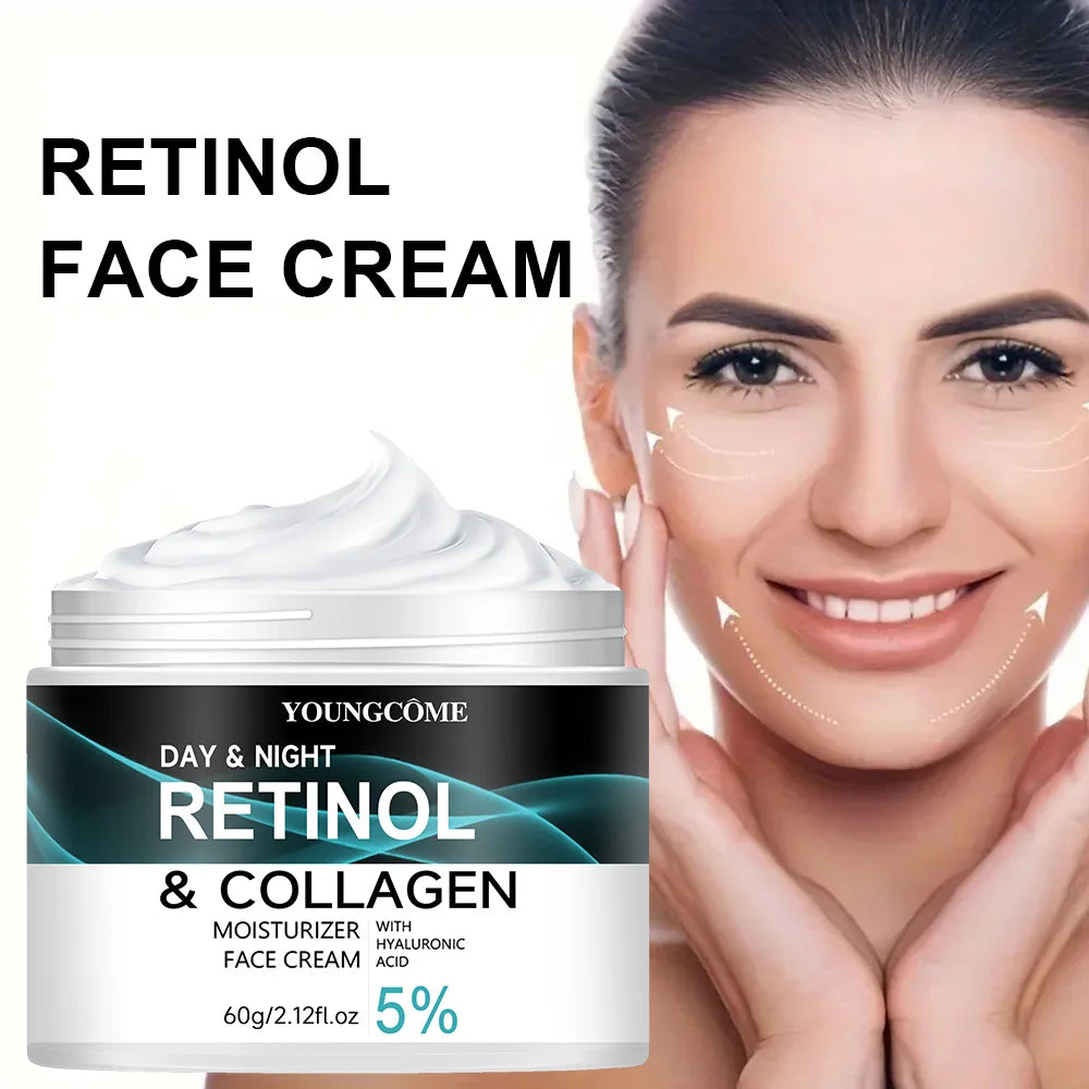 Retinol face cream jar with a woman applying it to her face